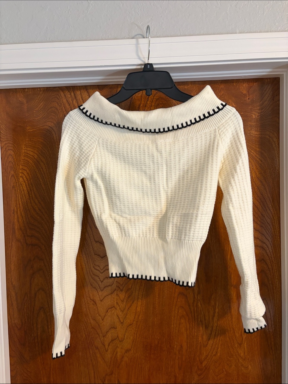Altar'd State Cream Off-Shoulder Knit Sweater with Black Trim